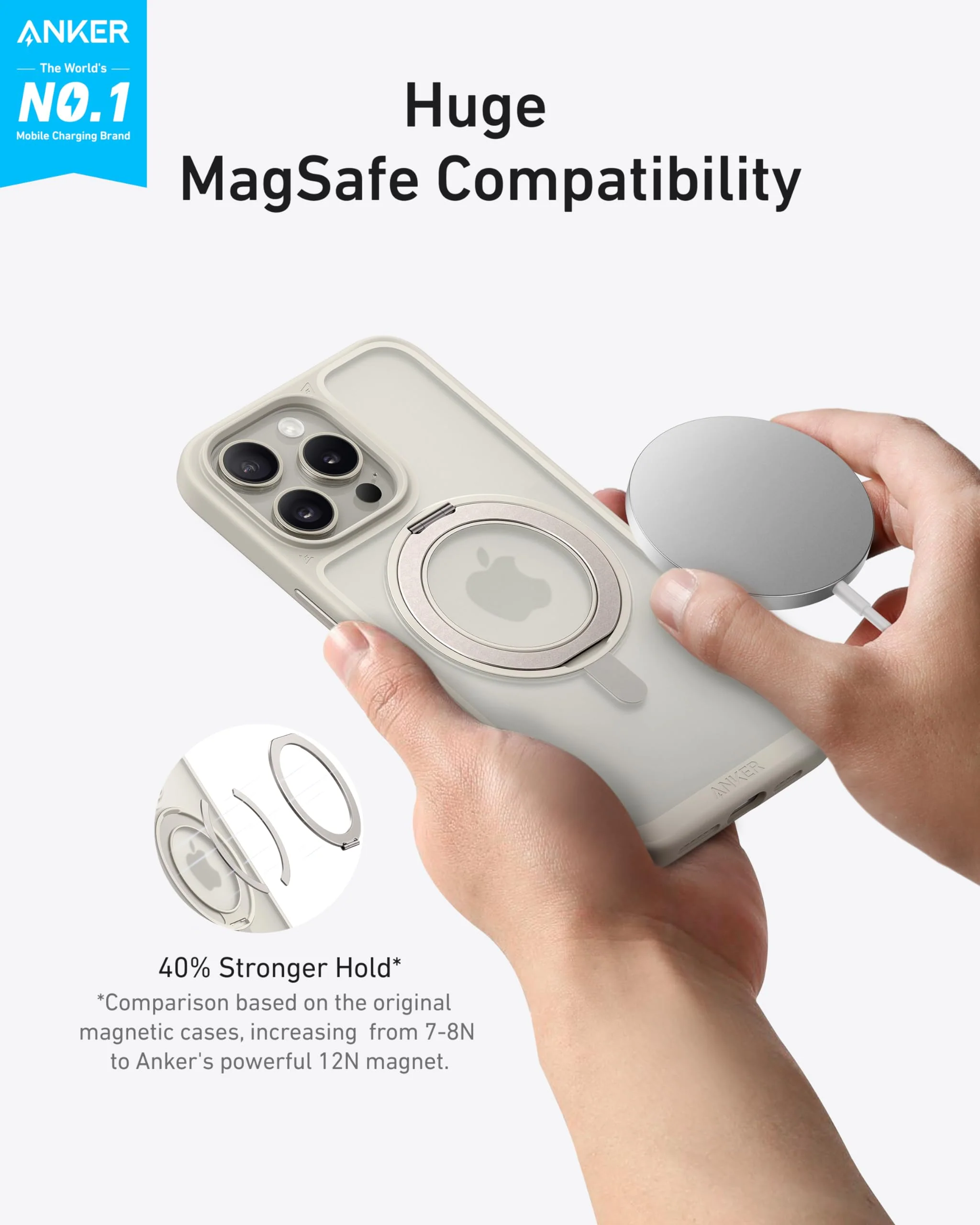 Anker MagGo Magnetic Case with Stand (360° Ring Stand, For iPhone)-Aurora White-iPhone 16 Pro - Image 4
